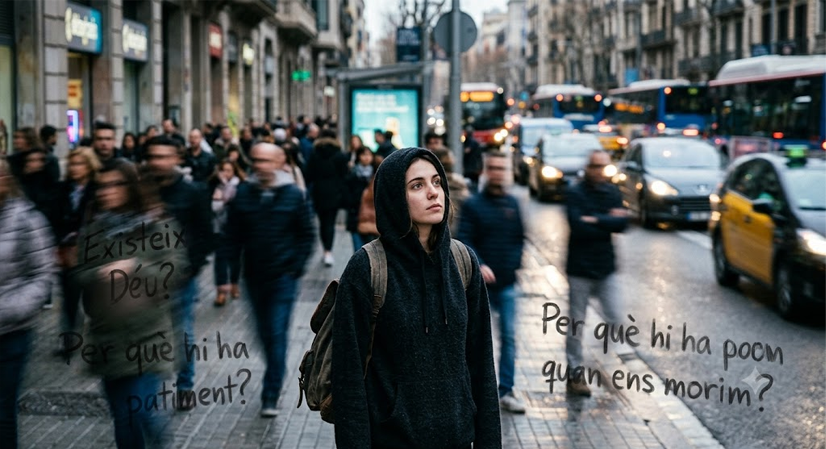Una noia camina pel carrer envoltada de preguntes sobre Déu