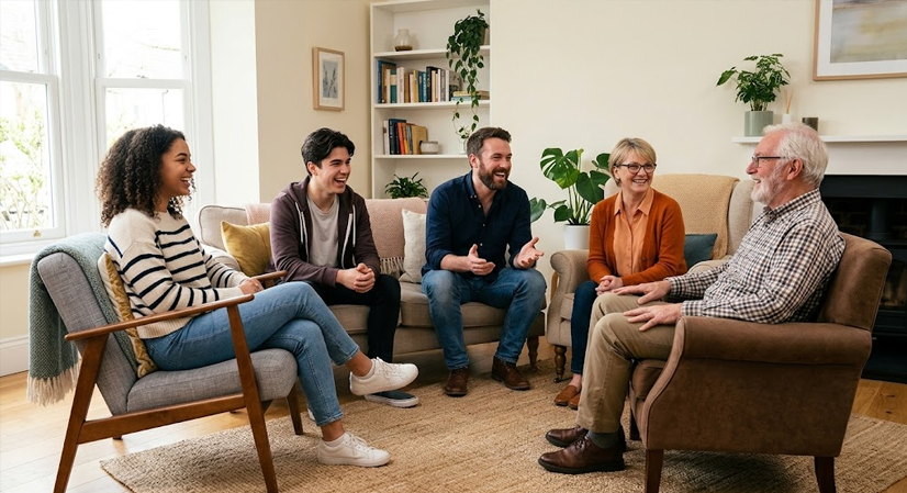 Un grup de persones conversant assegudes en un saló