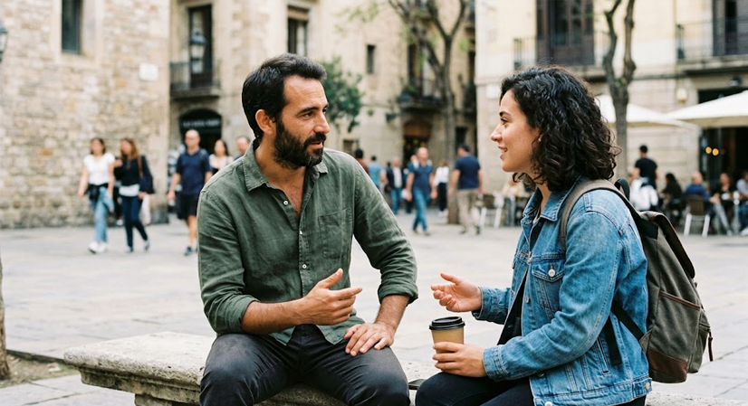Dues persones conversant assegudes al carrer